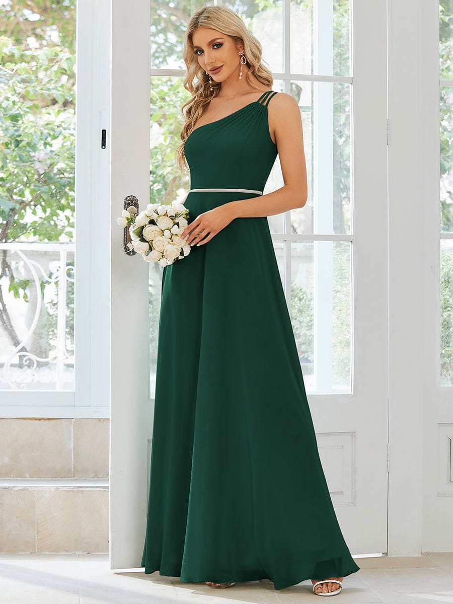 Custom Size Flowy Chiffon One-Shoulder Bridesmaid Dress with Spaghetti Strap