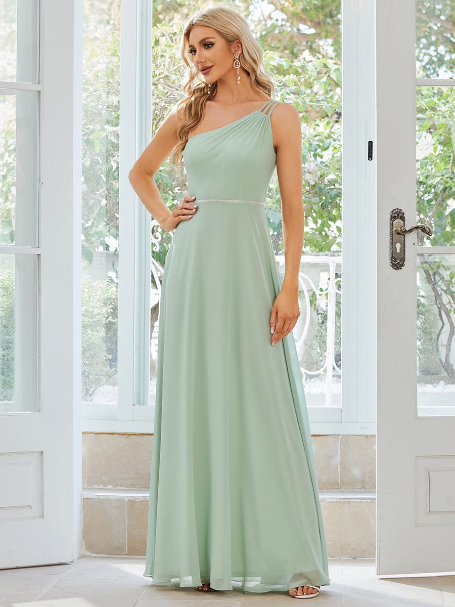 Flowy Chiffon One-Shoulder Bridesmaid Dress with Spaghetti Strap