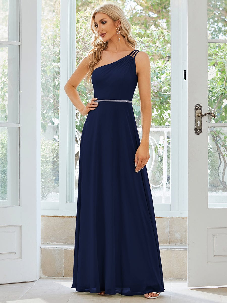 Custom Size Flowy Chiffon One-Shoulder Bridesmaid Dress with Spaghetti Strap