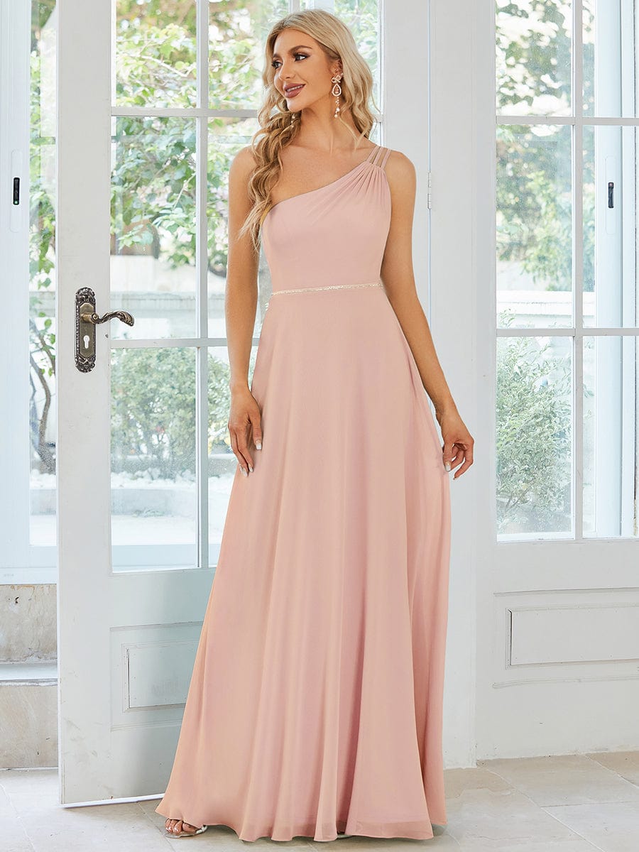 Flowy Chiffon One-Shoulder Bridesmaid Dress with Spaghetti Strap