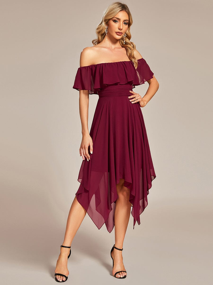 Flowy Off-The-Shoulder Bridesmaid Dress with Asymmetrical Hemline