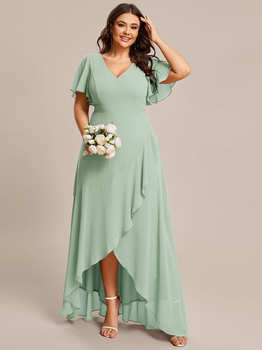 Elegant Chiffon High-Low Bridesmaid Dress with Lotus Leaf Hemline