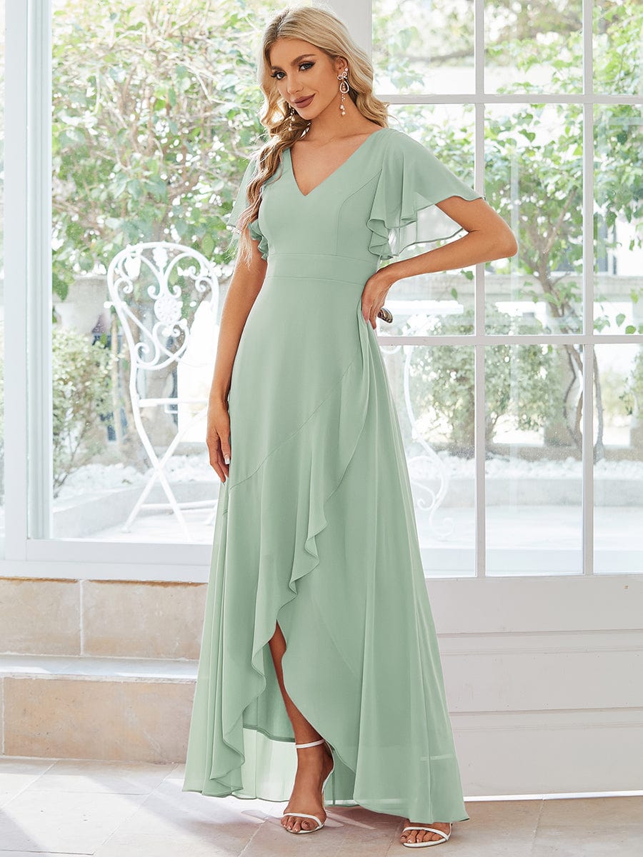 Elegant Chiffon High-Low Bridesmaid Dress with Lotus Leaf Hemline