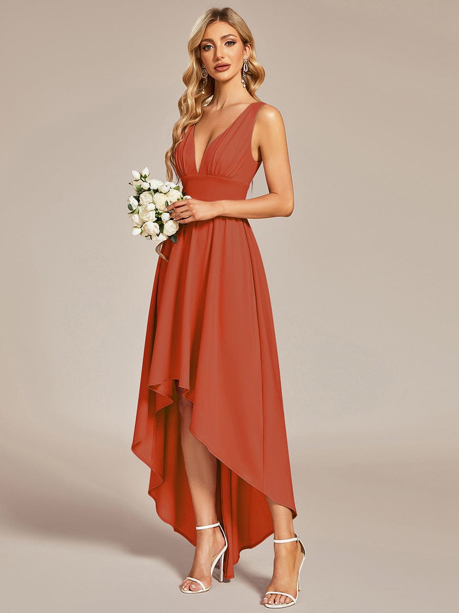 V-Neck Sleeveless High-Low Evening Dress with Stretchy