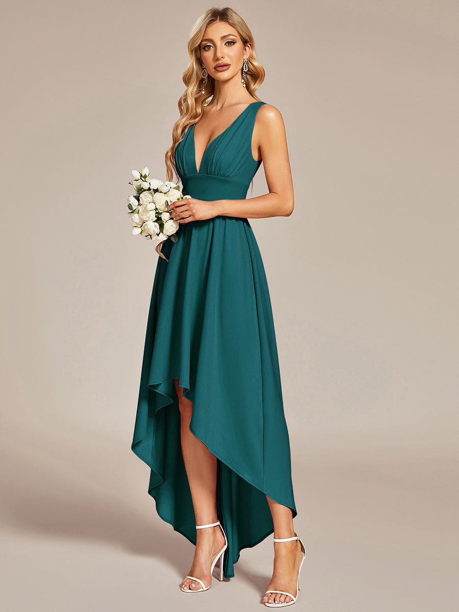 V-Neck Sleeveless High-Low Evening Dress with Stretchy