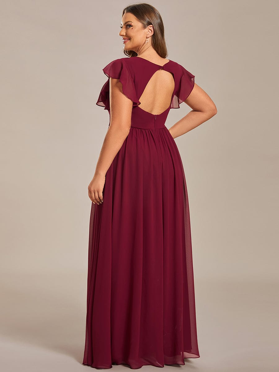 Elegant V-Neck Open Back Chiffon Bridesmaid Dress with Ruffled Sleeves