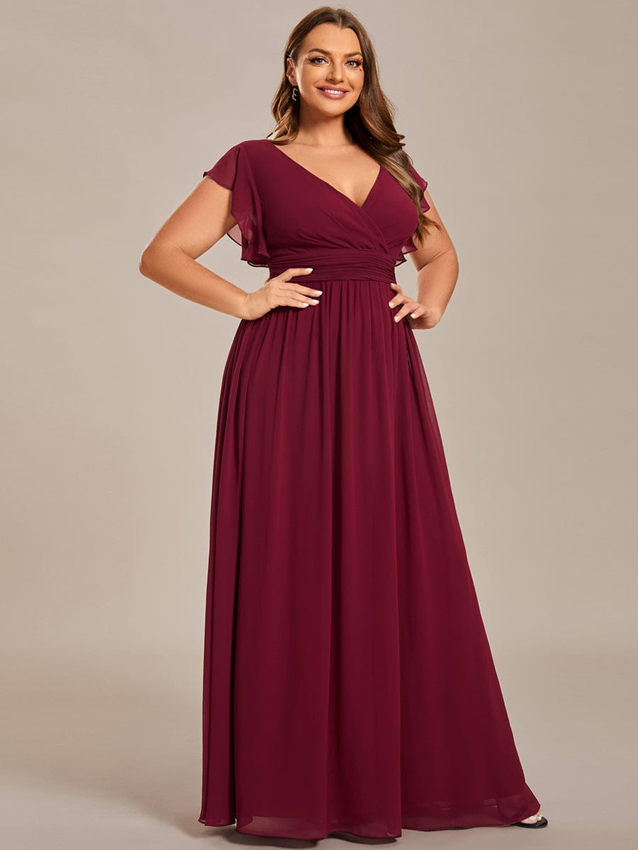 Elegant V-Neck Open Back Chiffon Bridesmaid Dress with Ruffled Sleeves