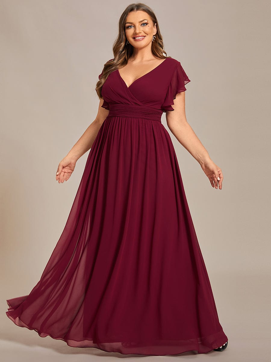 Elegant V-Neck Open Back Chiffon Bridesmaid Dress with Ruffled Sleeves