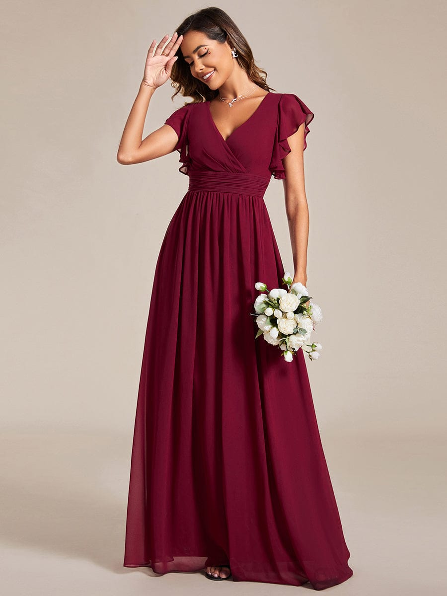 Elegant V-Neck Open Back Chiffon Bridesmaid Dress with Ruffled Sleeves