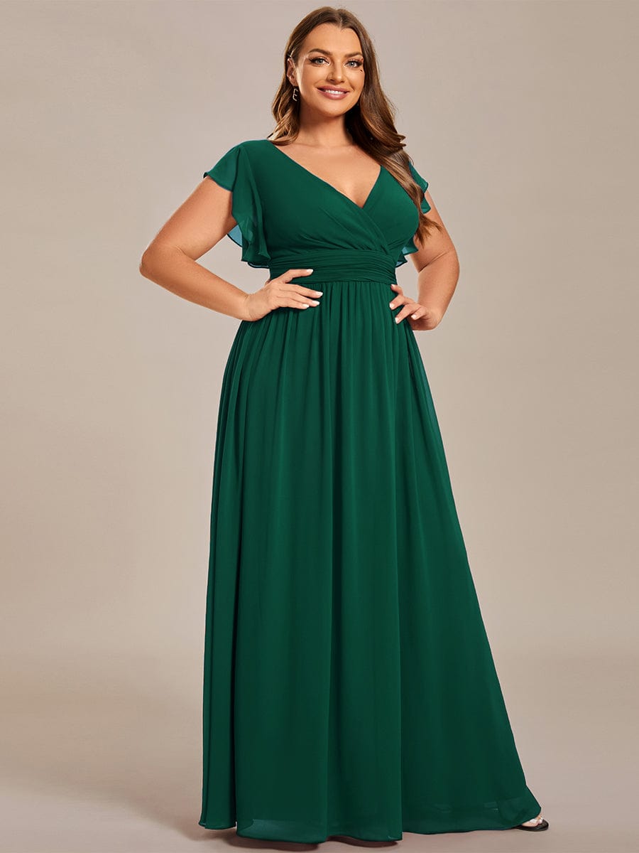 Elegant V-Neck Open Back Chiffon Bridesmaid Dress with Ruffled Sleeves