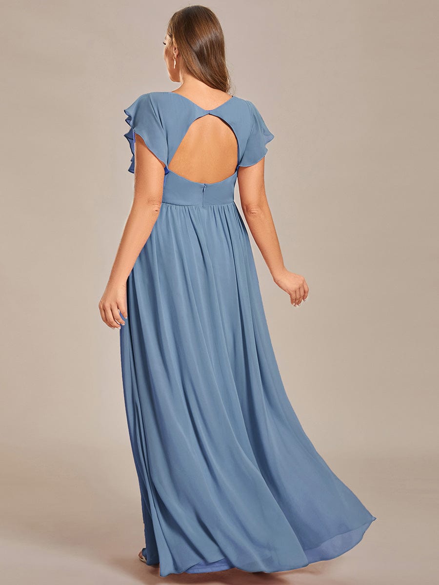 Elegant V-Neck Open Back Chiffon Bridesmaid Dress with Ruffled Sleeves