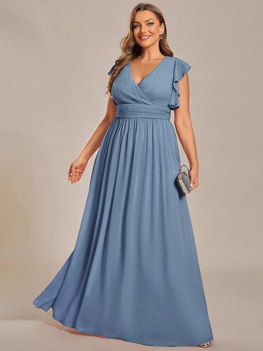 Plus Size V-Neck Open Back Ruffled Sleeves Chiffon Bridesmaid Dress