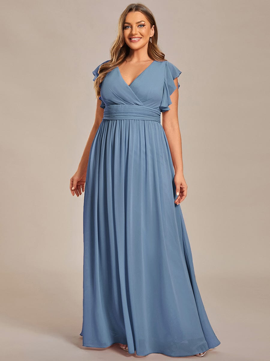 Plus Size V-Neck Open Back Ruffled Sleeves Chiffon Bridesmaid Dress