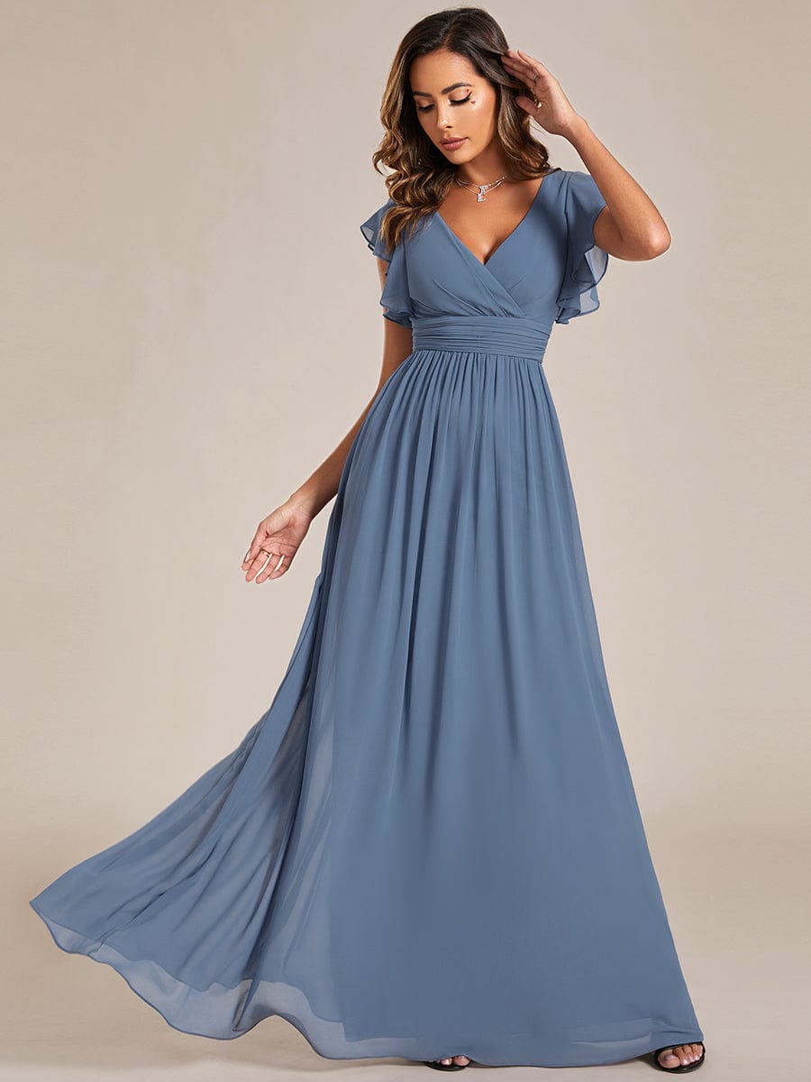 Elegant V-Neck Open Back Chiffon Bridesmaid Dress with Ruffled Sleeves