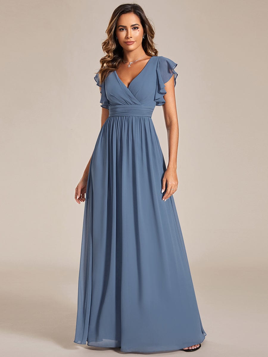 Elegant V-Neck Open Back Chiffon Bridesmaid Dress with Ruffled Sleeves