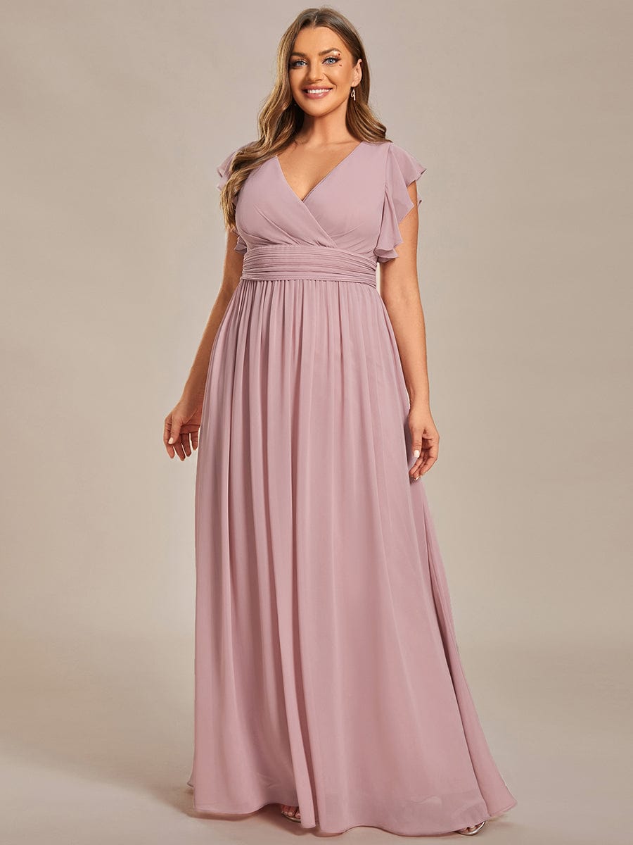 Elegant V-Neck Open Back Chiffon Bridesmaid Dress with Ruffled Sleeves