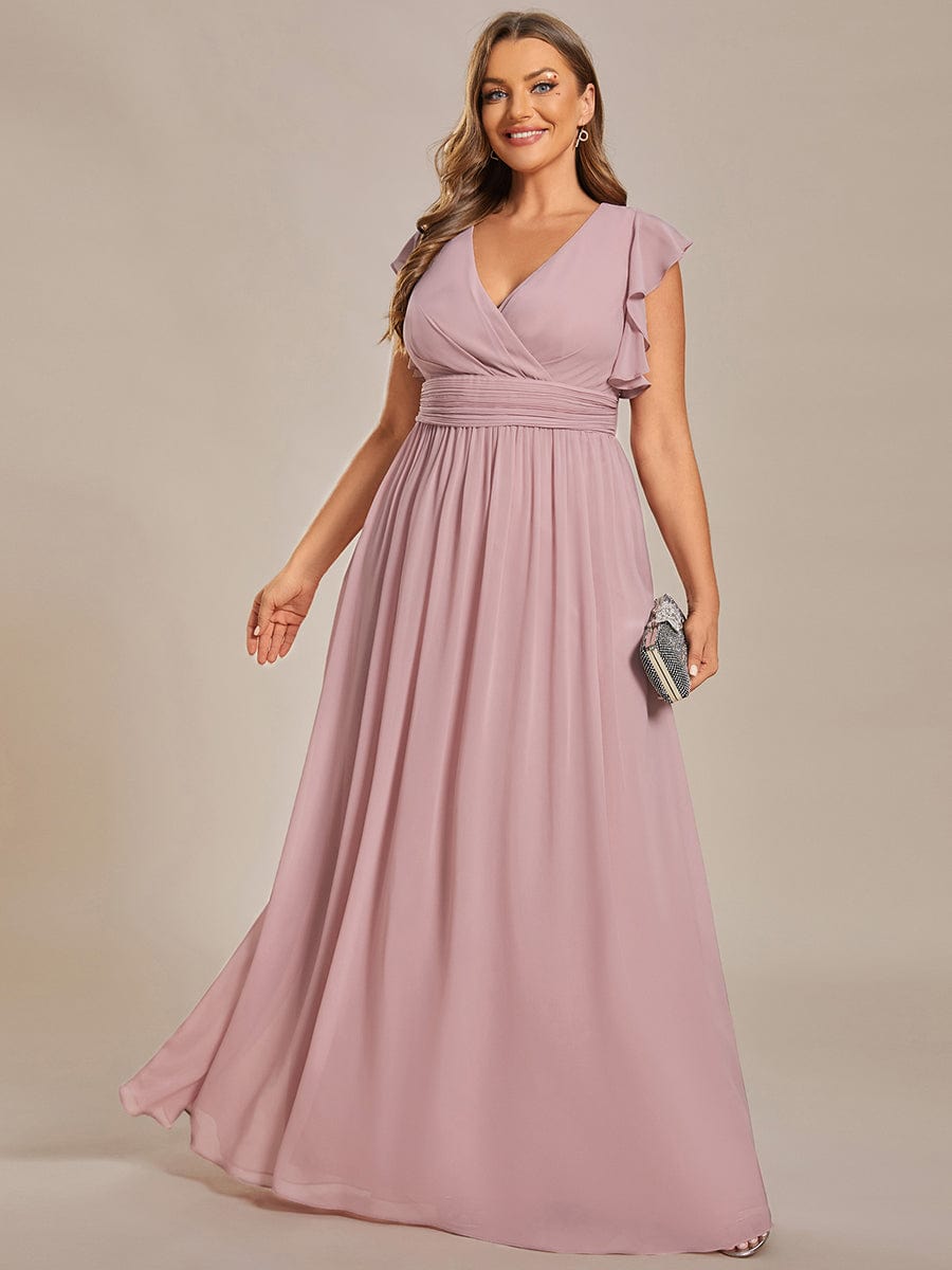 Elegant V-Neck Open Back Chiffon Bridesmaid Dress with Ruffled Sleeves