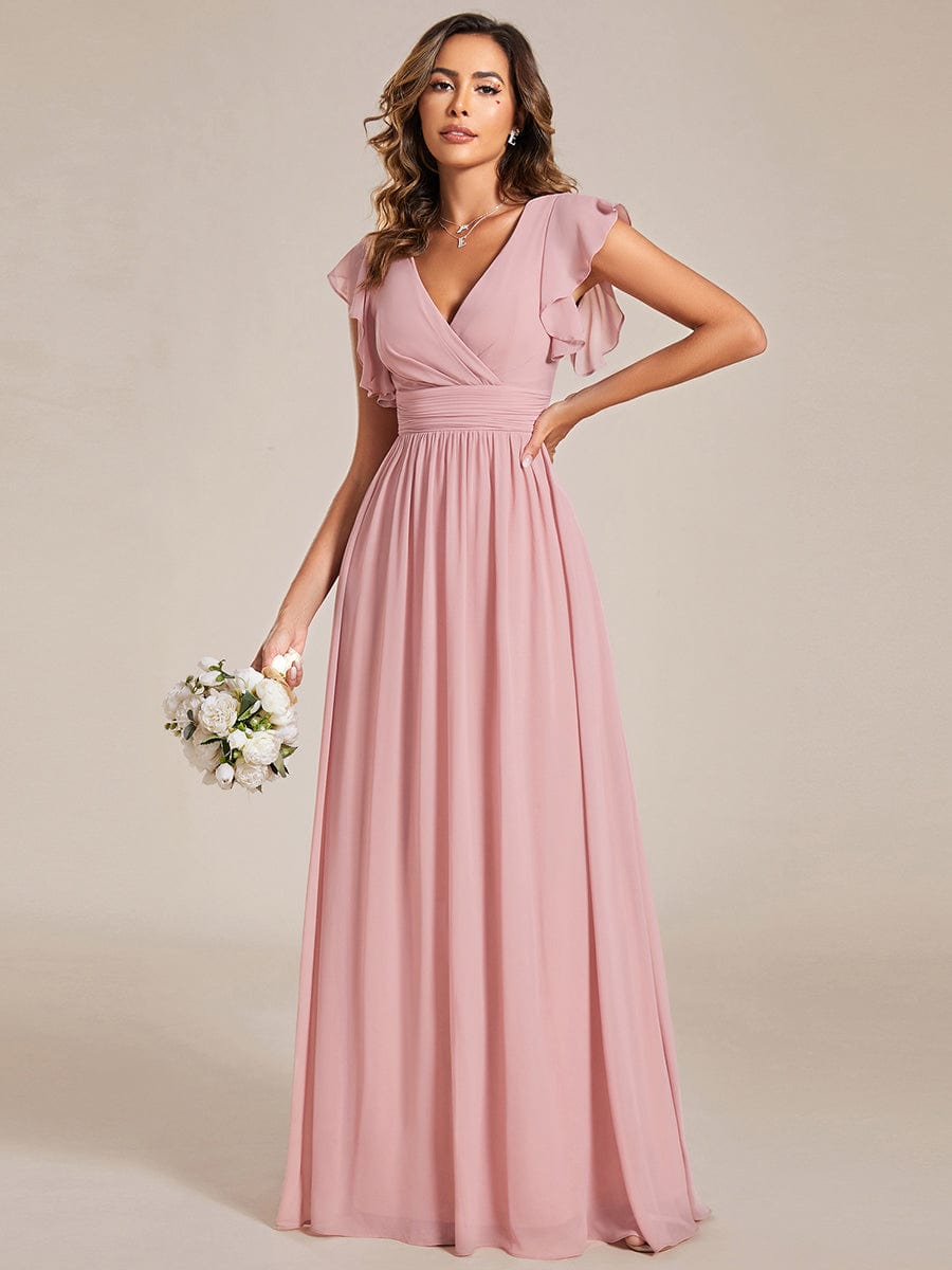 Elegant V-Neck Open Back Chiffon Bridesmaid Dress with Ruffled Sleeves