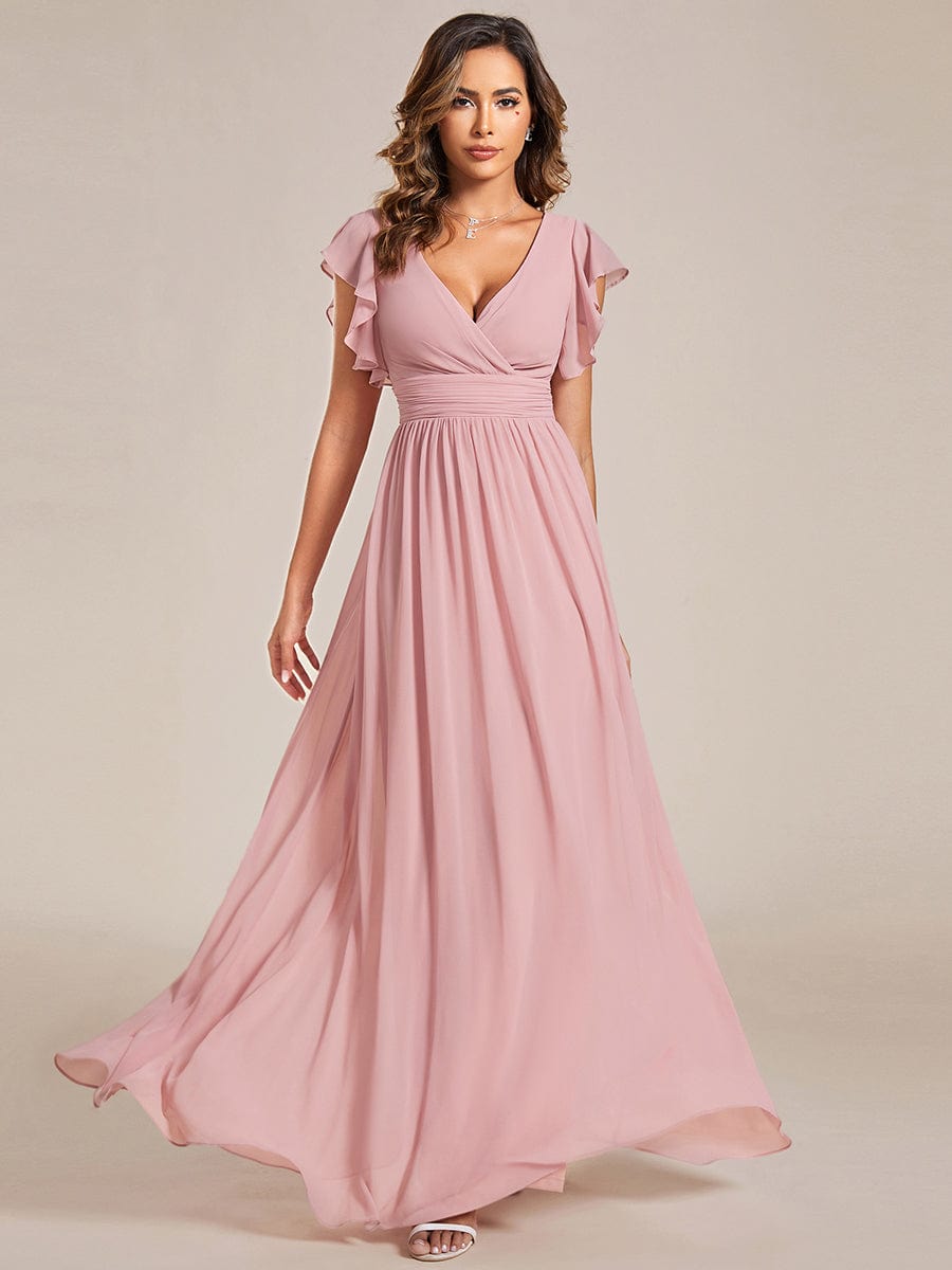 Elegant V-Neck Open Back Chiffon Bridesmaid Dress with Ruffled Sleeves