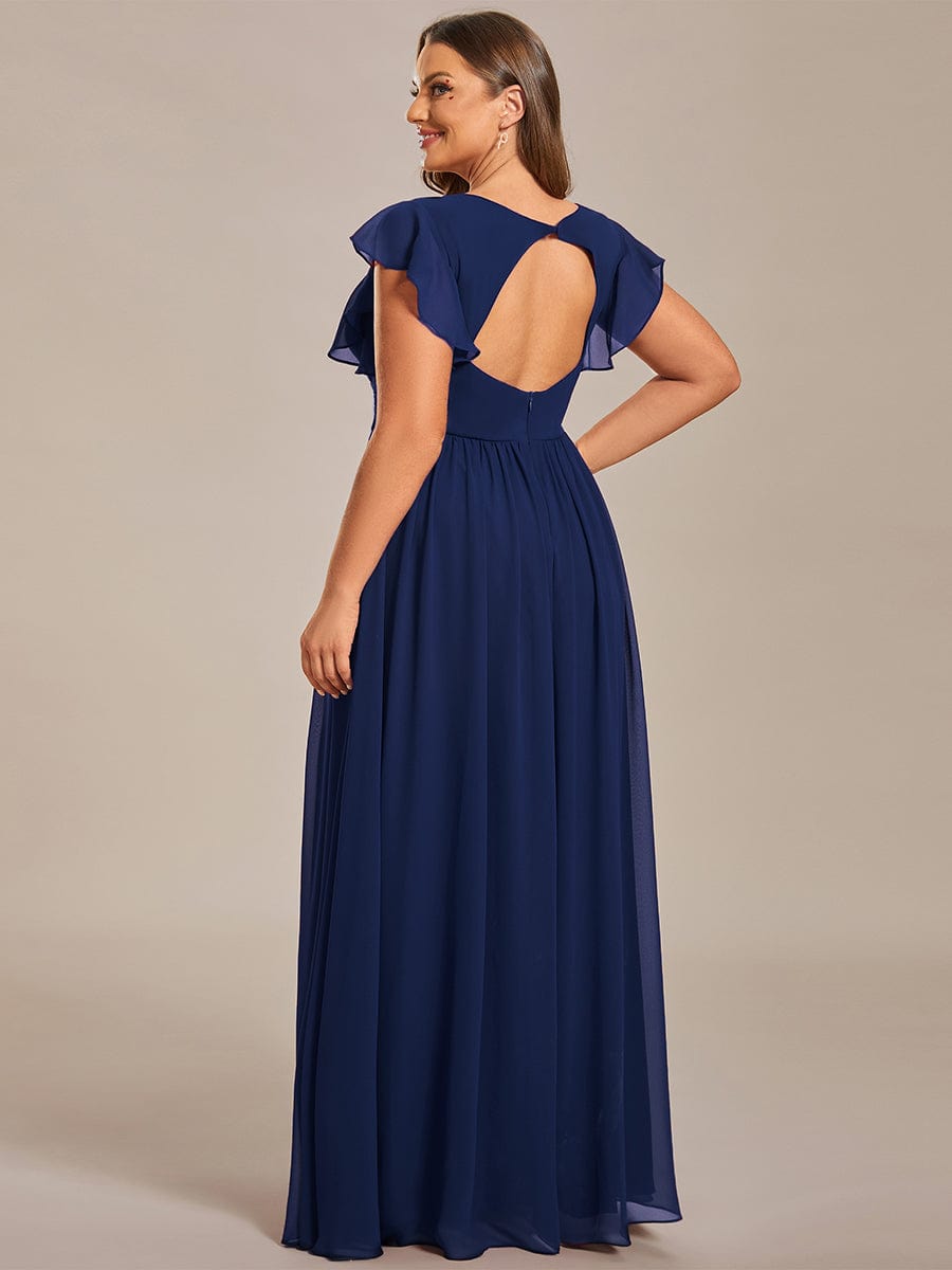 Elegant V-Neck Open Back Chiffon Bridesmaid Dress with Ruffled Sleeves