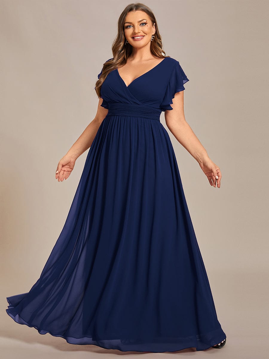 Elegant V-Neck Open Back Chiffon Bridesmaid Dress with Ruffled Sleeves