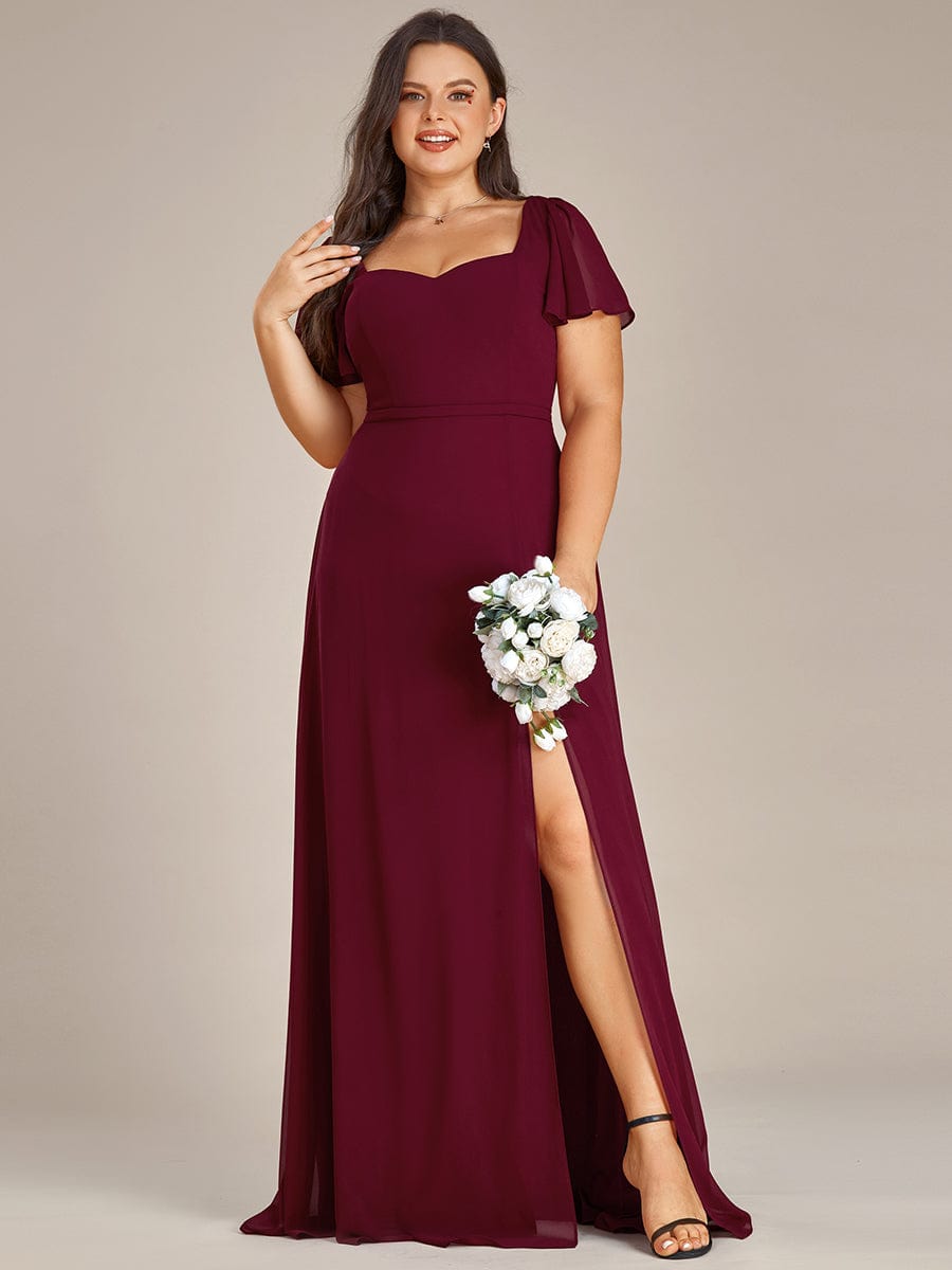 Plus Size Sweetheart Neckline Chiffon Bridesmaid Dress with Ruffled Sleeves