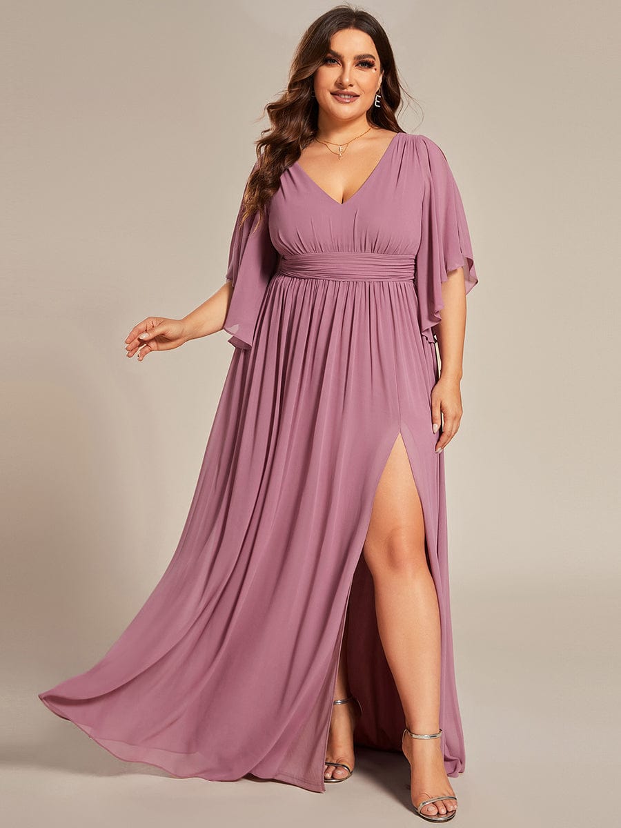 Chiffon A-Line Half Sleeves High Slit Bridesmaid Dress