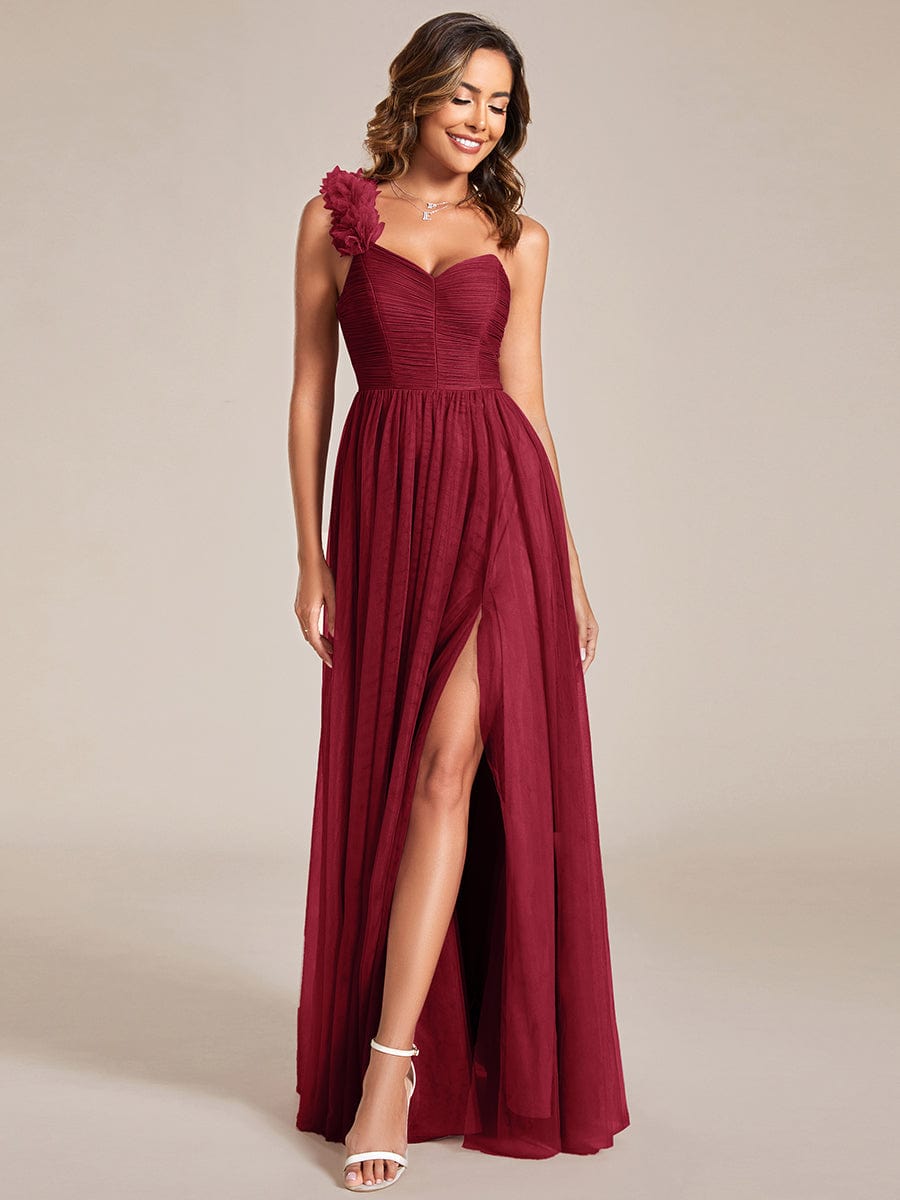 Elegant One Shoulder Maxi Tulle High Slit Bridesmaid Dress