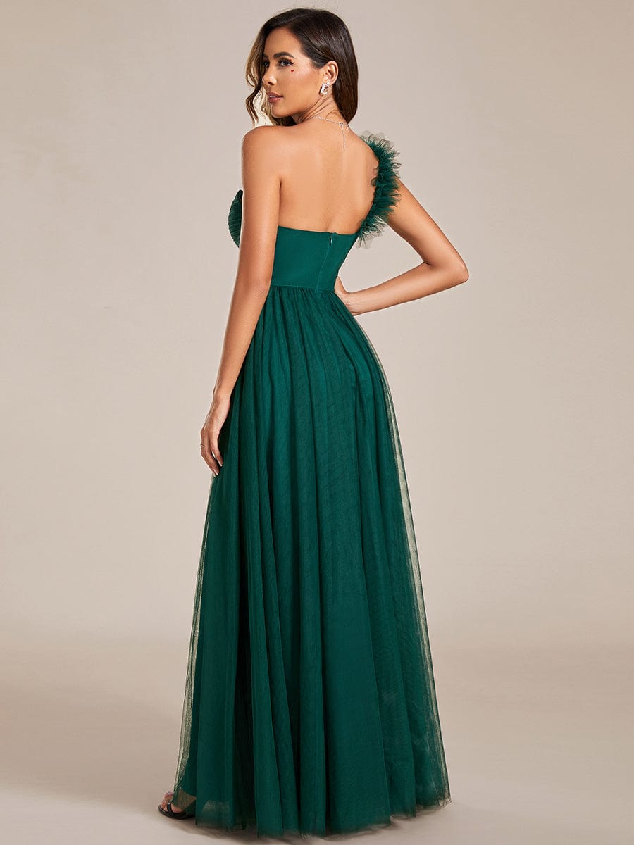 Elegant One Shoulder Maxi Tulle High Slit Bridesmaid Dress