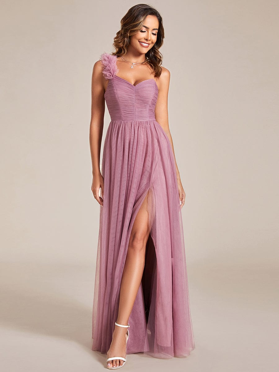 Elegant One Shoulder Maxi Tulle High Slit Bridesmaid Dress