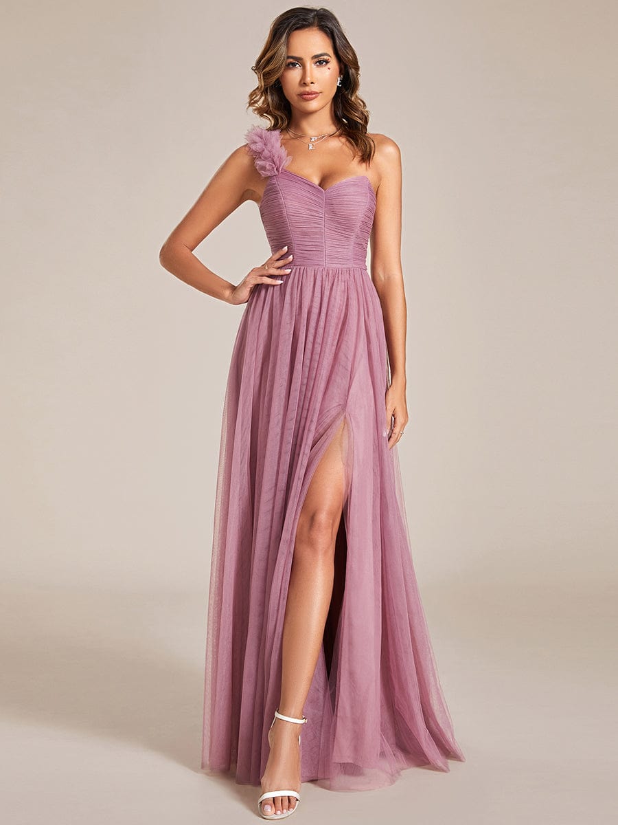 Elegant One Shoulder Maxi Tulle High Slit Bridesmaid Dress