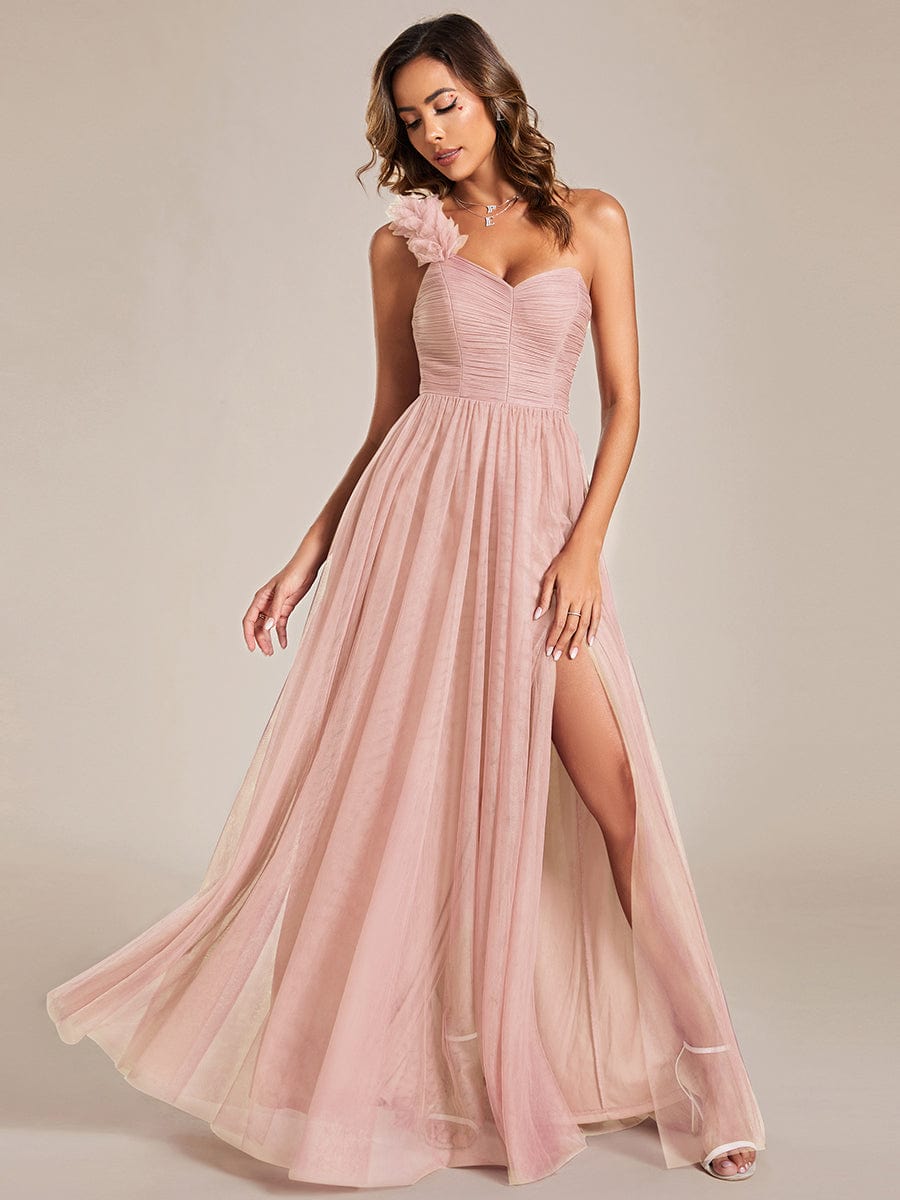 Elegant One Shoulder Maxi Tulle High Slit Bridesmaid Dress