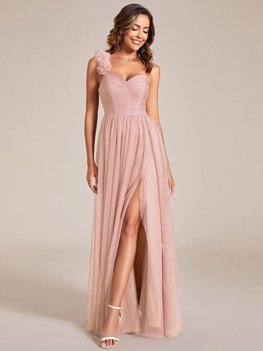 Elegant One Shoulder Maxi Tulle High Slit Bridesmaid Dress