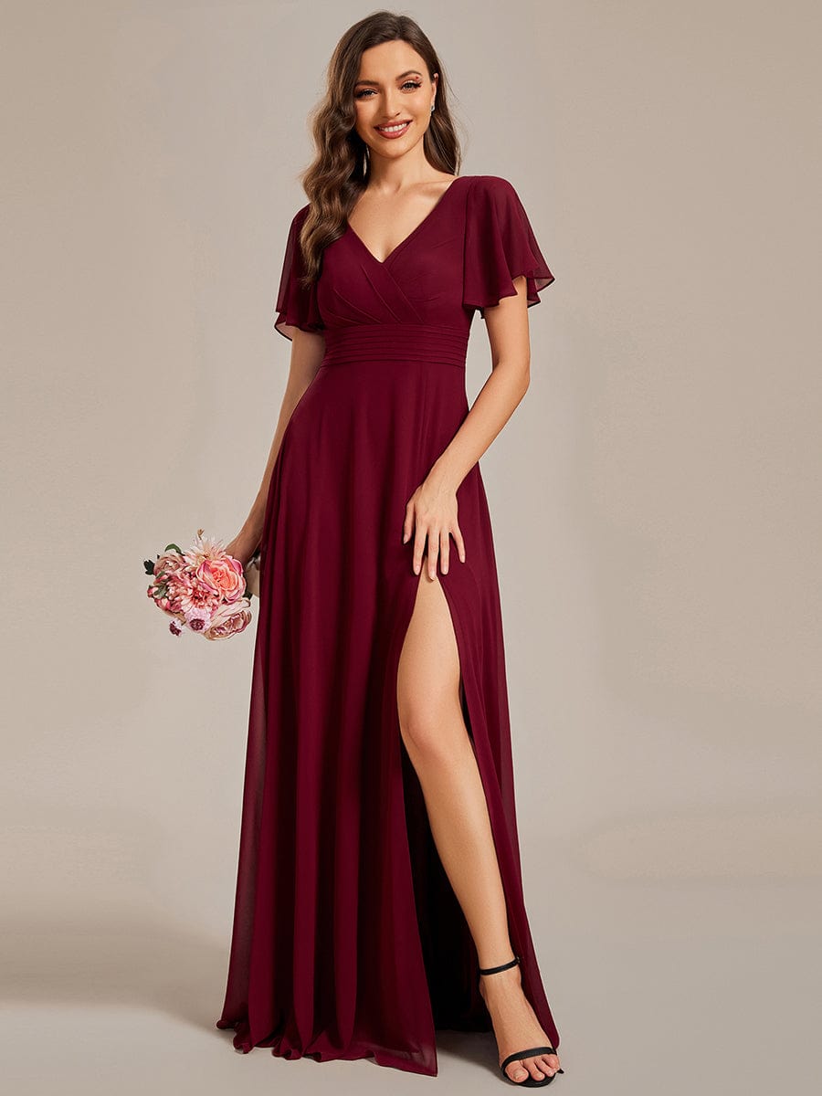 See-Through Back Flutter Sleeves High Slit Chiffon Evening Dress