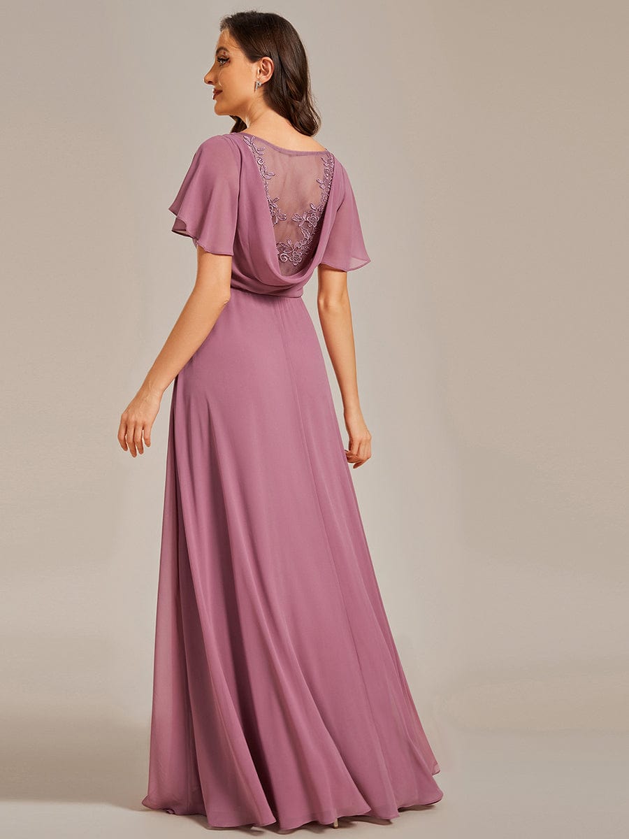 See-Through Back Flutter Sleeves High Slit Chiffon Evening Dress