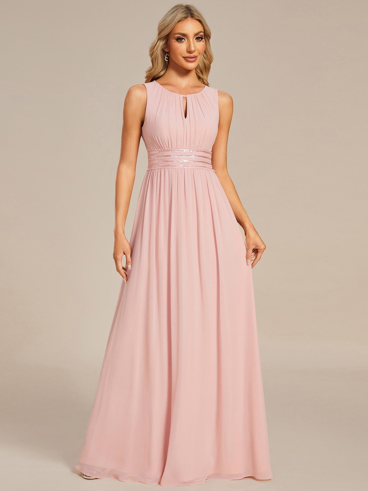 A-Line Chiffon Round Neckline Bridesmaid Dress with Sleeveless and Pleats