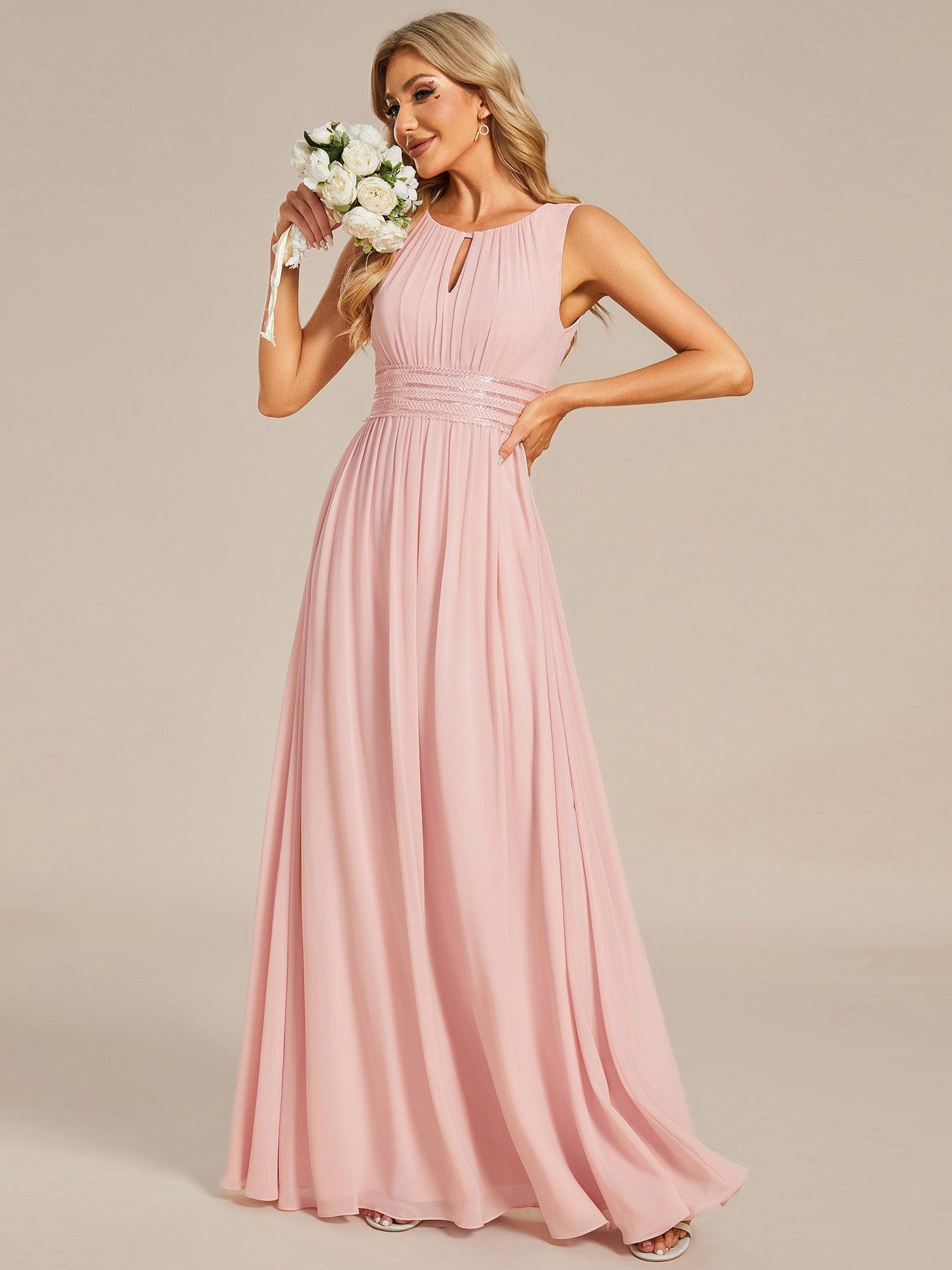 A-Line Chiffon Round Neckline Bridesmaid Dress with Sleeveless and Pleats