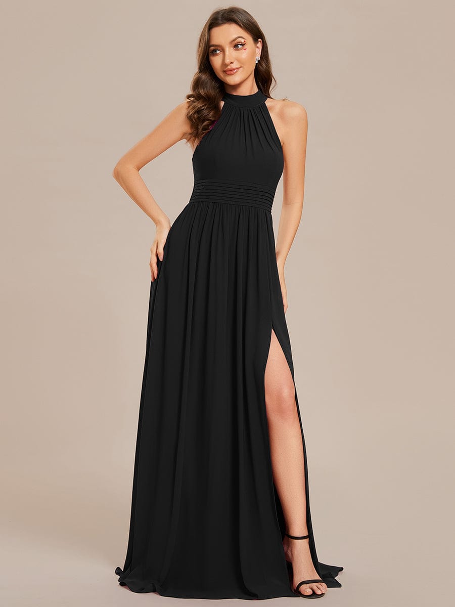 Sleeveless Chiffon Halter A-Line Maxi Bridesmaid Dress with Pleats and High Slit