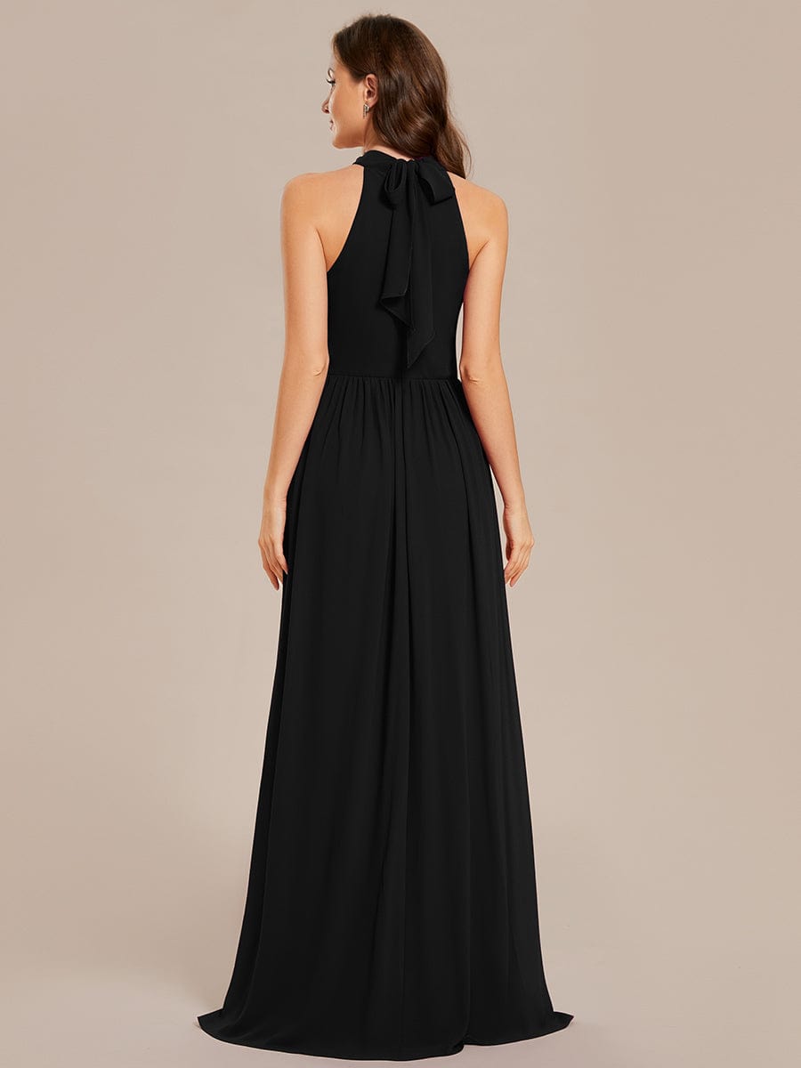 Sleeveless Chiffon Halter A-Line Maxi Bridesmaid Dress with Pleats and High Slit