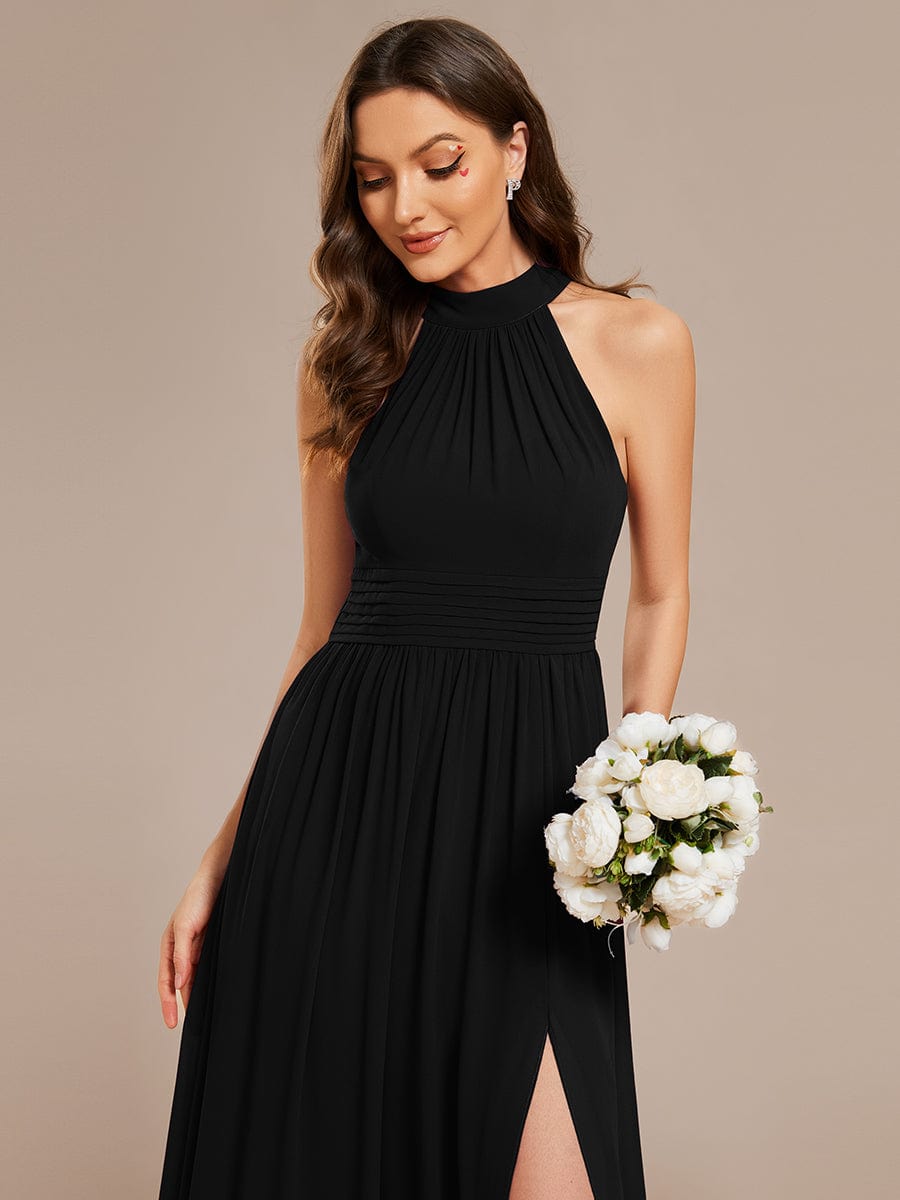 Sleeveless Chiffon Halter A-Line Maxi Bridesmaid Dress with Pleats and High Slit