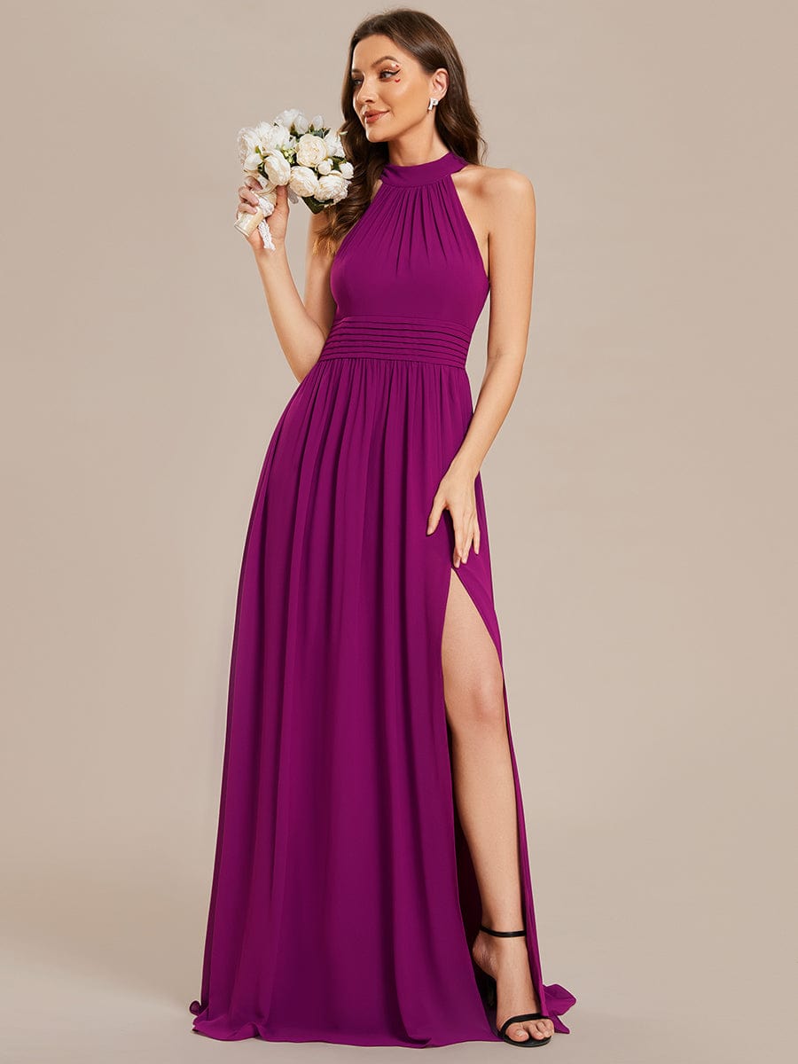 Sleeveless Chiffon Halter A-Line Maxi Bridesmaid Dress with Pleats and High Slit