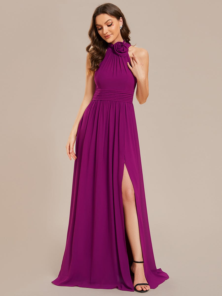 Sleeveless Chiffon Halter A-Line Maxi Bridesmaid Dress with Pleats and High Slit