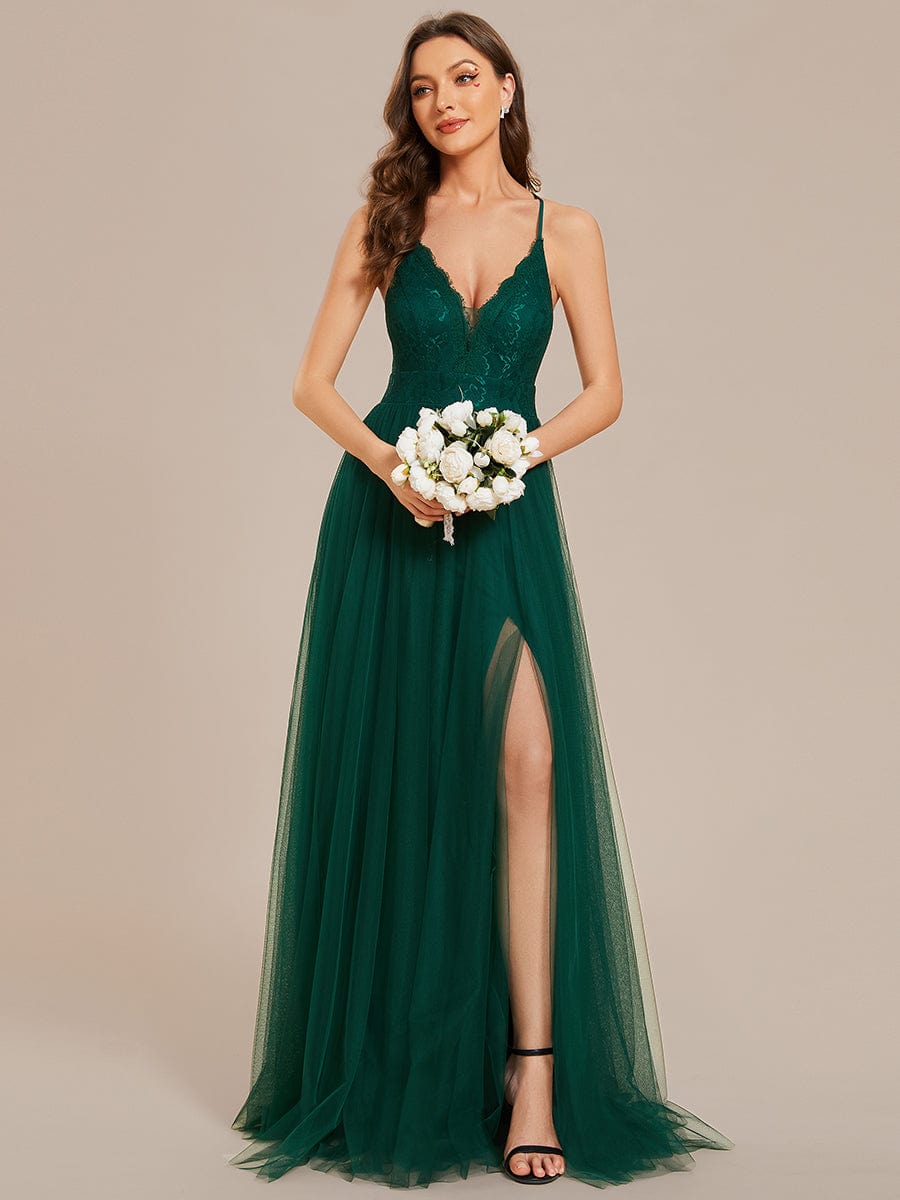 Spaghetti Straps Backless A-Line Lace Tulle Bridesmaid Dress