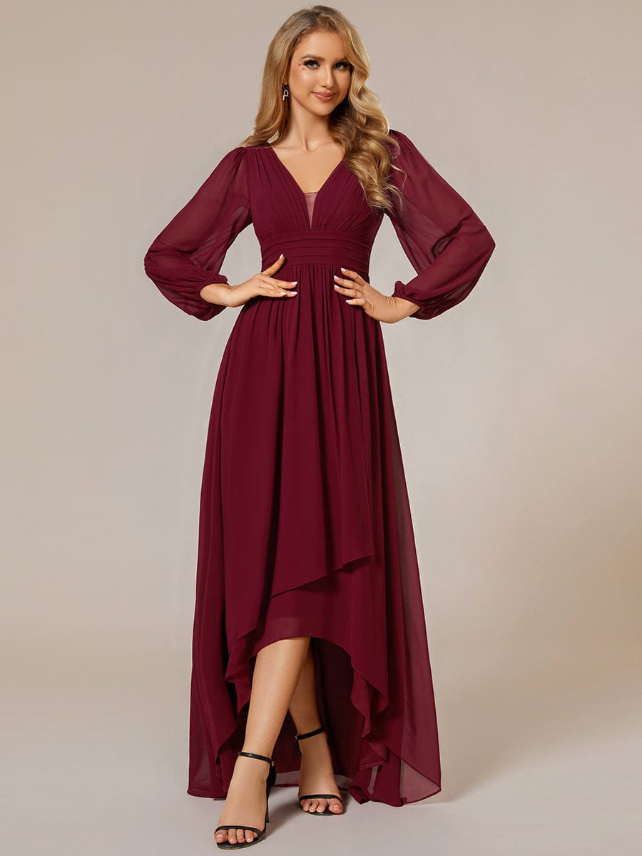 Enchanting Chiffon Lantern Sleeve Pleated High Waist Bridesmaid Dress