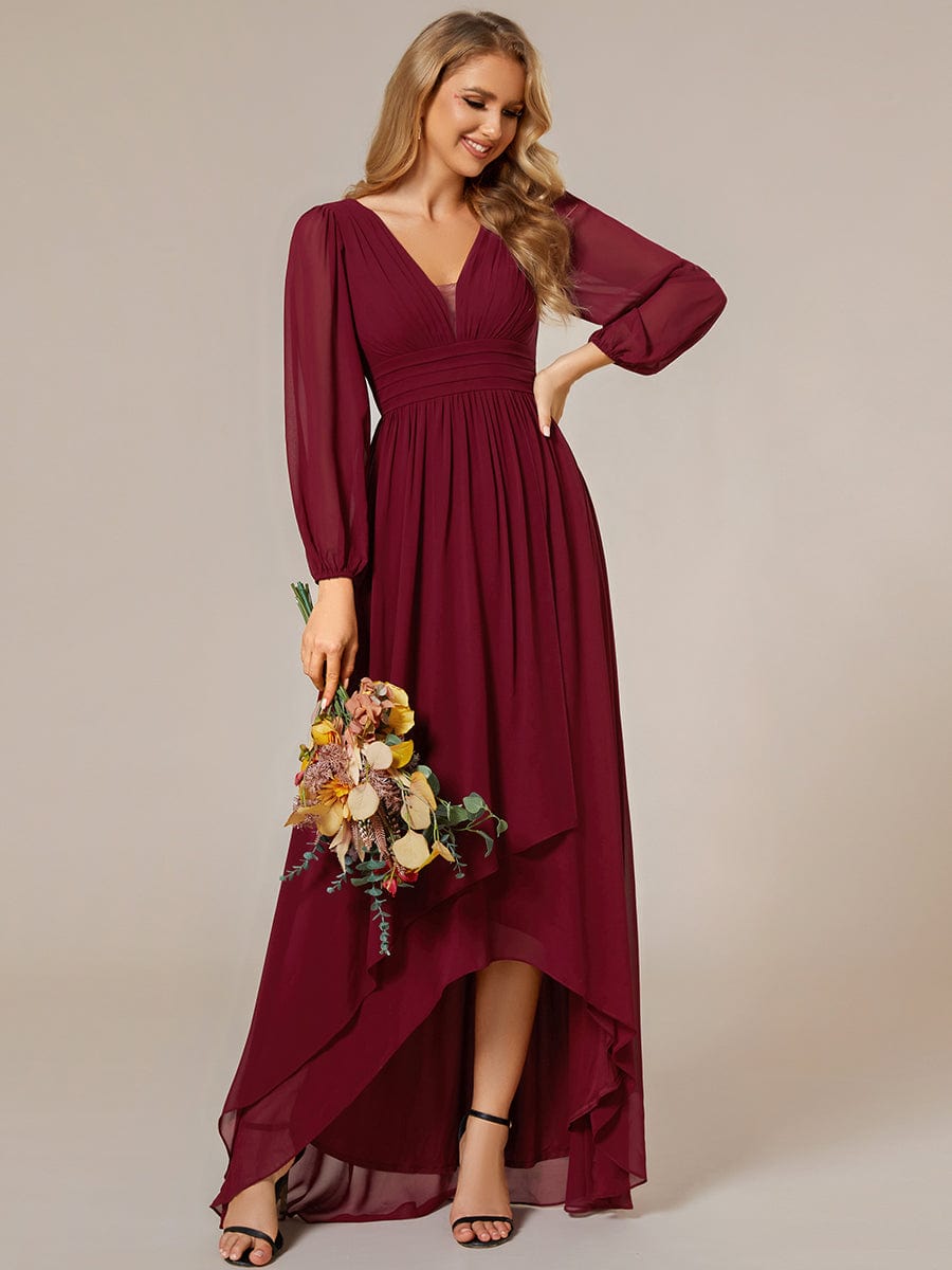 Enchanting Chiffon Lantern Sleeve Pleated High Waist Bridesmaid Dress