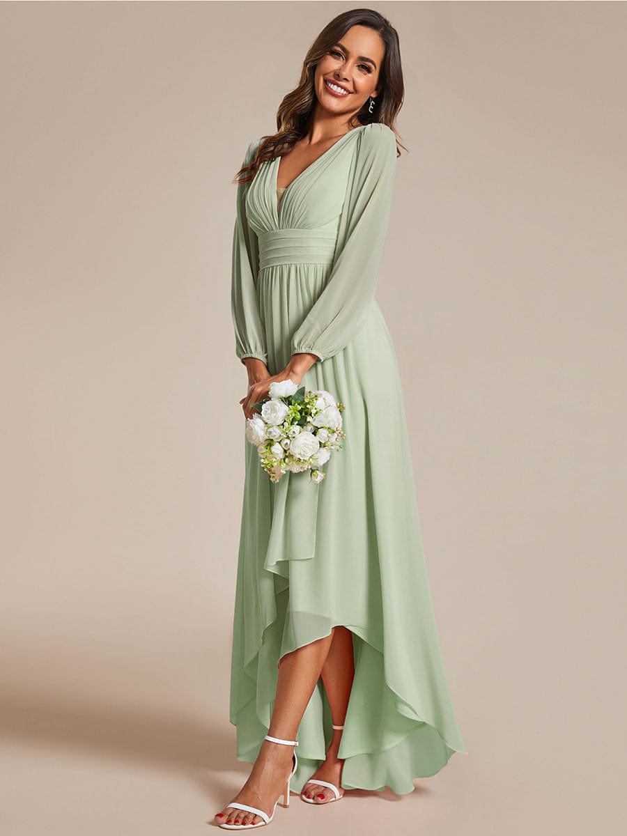 Enchanting Chiffon Lantern Sleeve Pleated High Waist Bridesmaid Dress