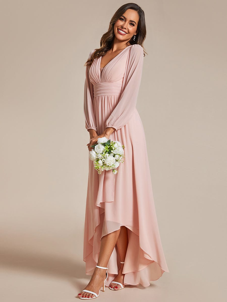 Enchanting Chiffon Lantern Sleeve Pleated High Waist Bridesmaid Dress