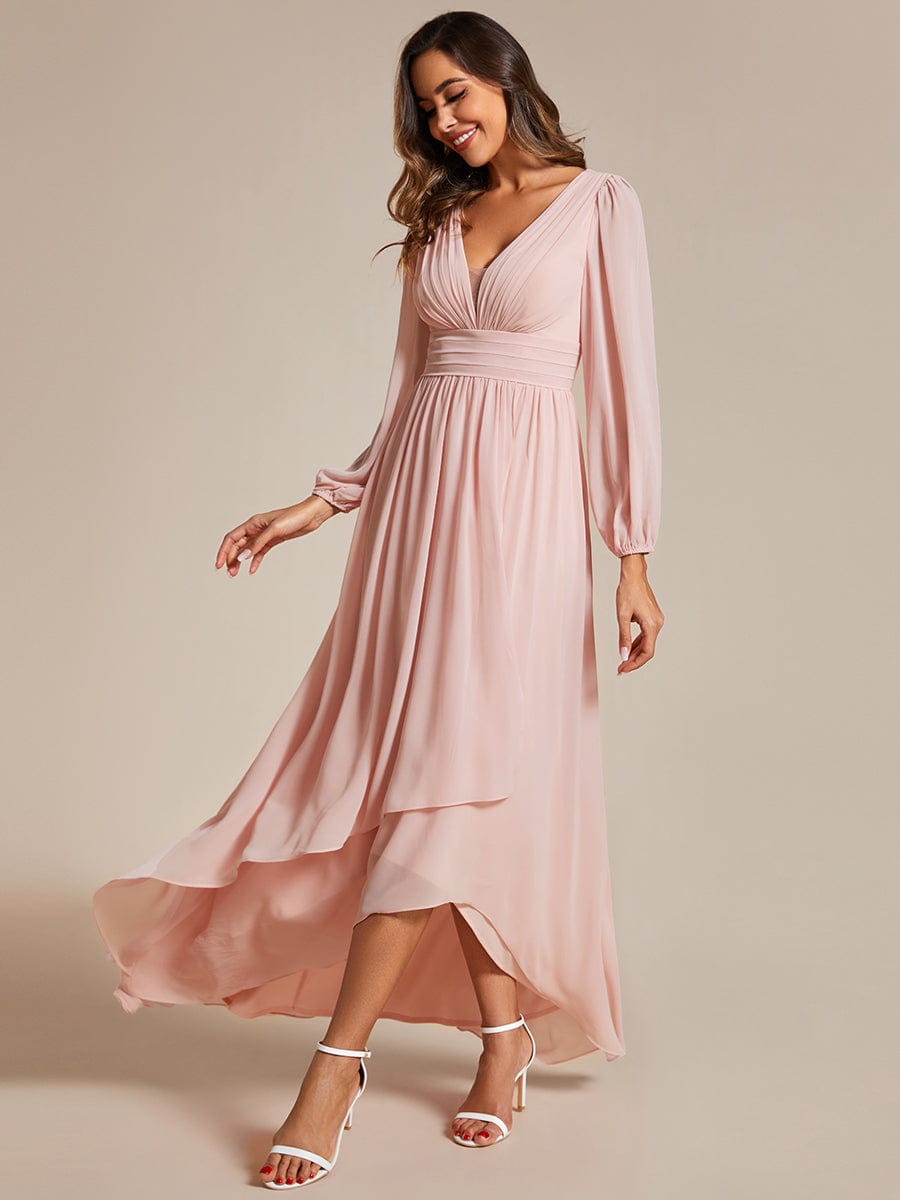 Enchanting Chiffon Lantern Sleeve Pleated High Waist Bridesmaid Dress