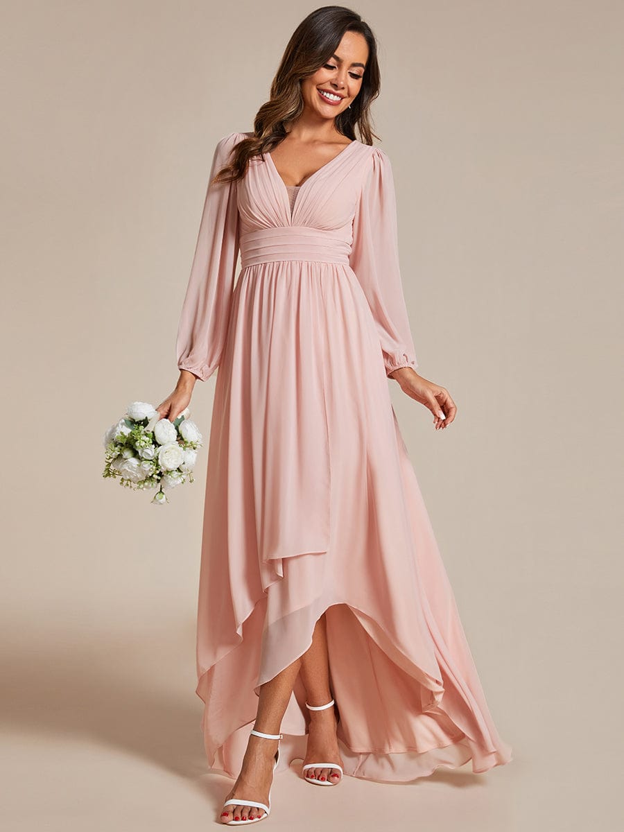 Enchanting Chiffon Lantern Sleeve Pleated High Waist Bridesmaid Dress