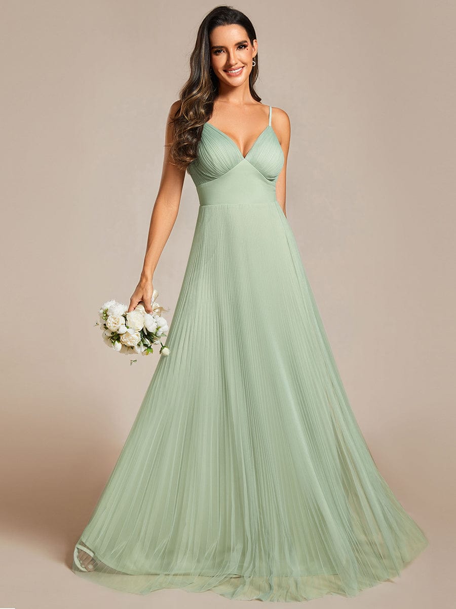 Tulle V-Neck Sleeveless Bridesmaid Dress with Pleats